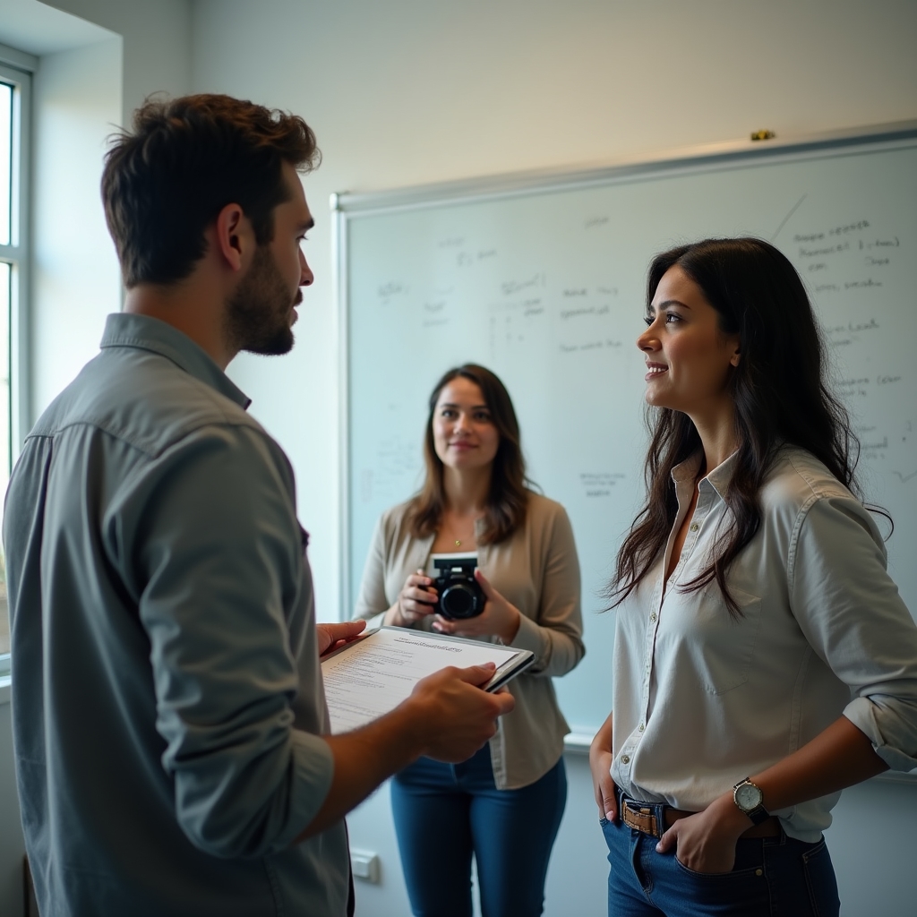 Training facilitator filming a customer service role-play scenario