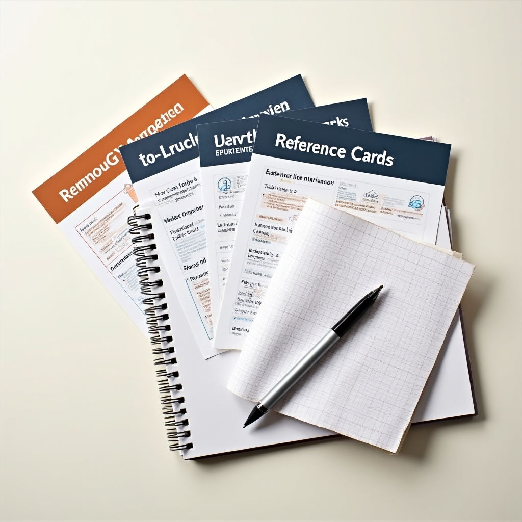 Printed customer service scenario reference cards and training materials laid out on a desk