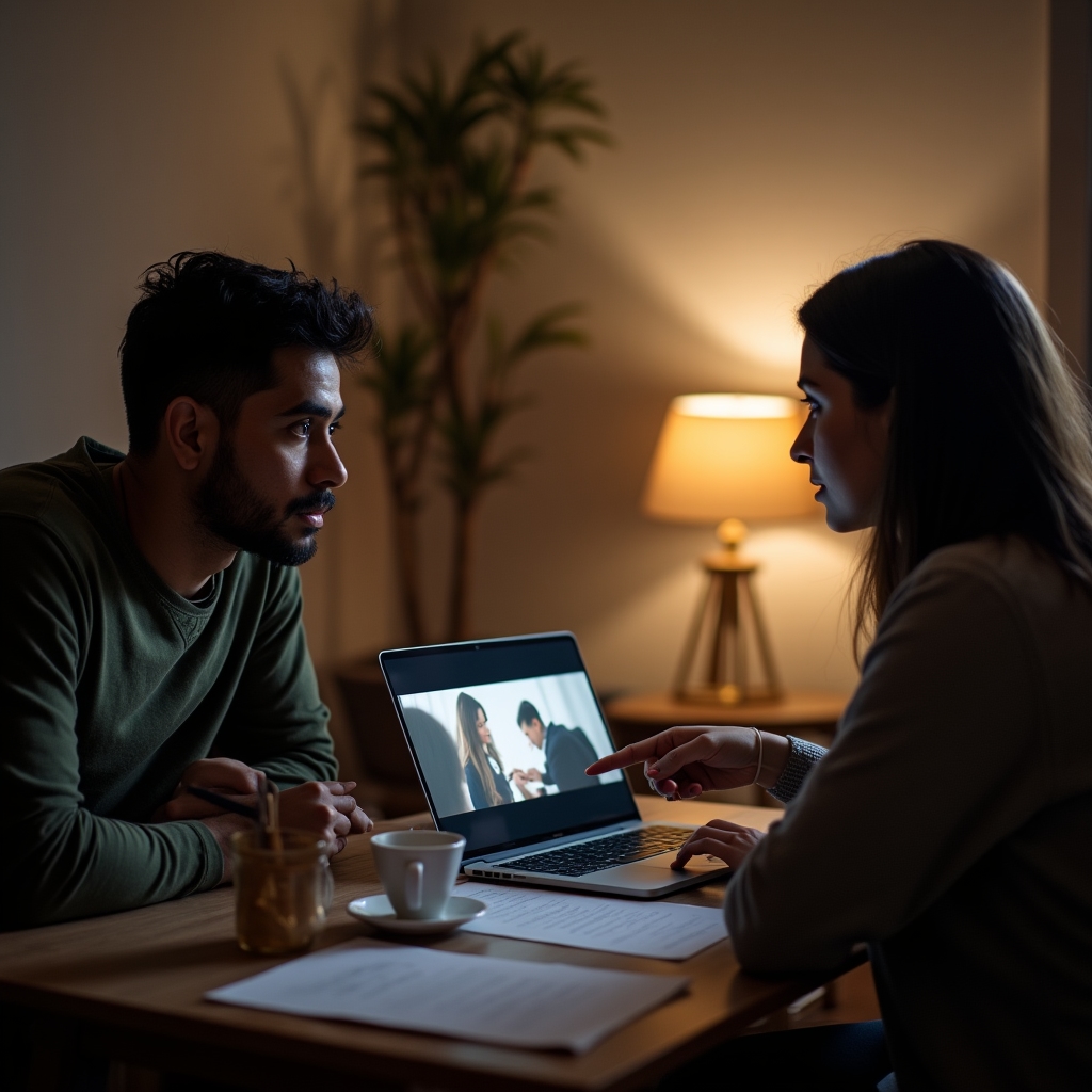 Participant and facilitator reviewing filmed role-play footage on a laptop during training